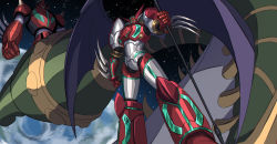 Rule 34 | 3ok, clenched hands, flying, getter robo, highres, looking down, mecha, no humans, robot, science fiction, shin getter-1, shin getter dragon, shin getter robo, space, super robot, wings, yellow eyes