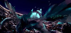 Rule 34 | absurdres, artist name, city lights, cityscape, colored sclera, copyright name, creatures (company), dated, dragon, electricity, english text, fisheye, flying, game freak, gen 5 pokemon, glowing, gradient sky, highres, horizon, legendary pokemon, looking at viewer, night, night sky, nintendo, no humans, one-hour drawing challenge, outdoors, pokemon, pokemon (creature), purple sky, red sclera, signature, sky, solo, twitter username, umi hire, wings, yellow eyes, zekrom