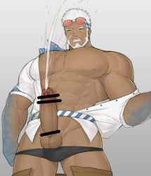 Rule 34 | 1boy, abs, aegir (housamo), bar censor, bara, beard, blue eyes, censored, closed eyes, cum, cum on male, dark-skinned male, dark skin, earrings, ejaculation, erection, facial hair, highres, hunterkay, jewelry, large pectorals, looking at viewer, male focus, male underwear, muscular, nipples, open clothes, open shirt, pectorals, penis, projectile cum, shirt, short sleeves, simple background, smile, solo, testicles, tokyo houkago summoners, underwear, undressing, white hair