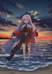 Rule 34 | 1girl, arknights, bad id, bad pixiv id, bare legs, beach, black ribbon, blush, clothing cutout, cloud, commentary request, detached sleeves, dress, highres, leg ribbon, long hair, long sleeves, looking at viewer, navel cutout, no headwear, ocean, official alternate costume, outdoors, red dress, red eyes, ribbon, short dress, silver hair, skadi (arknights), skadi the corrupting heart (arknights), solo, standing, very long hair, water, wide sleeves, yuetsu
