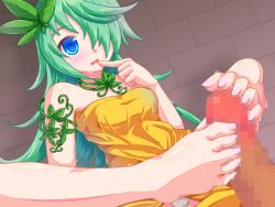 Rule 34 | 1girl, aqua eyes, artist request, barefoot, blush, censored, feet, finger to mouth, footjob, green hair, hair ornament, hair over one eye, long hair, penis, source request, spiked hair, sweat, toes
