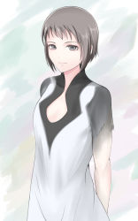 Rule 34 | 1girl, breasts, closed mouth, dress, grey eyes, hazawa, ico, looking at viewer, pointy ears, short hair, silver hair, simple background, small breasts, smile, solo, tabard, white dress, yorda