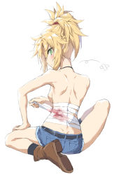 Rule 34 | 1girl, back, bandages, black socks, blonde hair, blood, bloody bandages, boots, braid, breasts, butt crack, commentary request, crossed bandaids, denim, denim shorts, fate (series), french braid, full body, green eyes, hand on own thigh, kneehighs, mordred (fate), mordred (fate/apocrypha), pocket, short shorts, shorts, shoulder blades, simple background, sitting, socks, solo, spread legs, tonee, topless, v-shaped eyebrows, white background