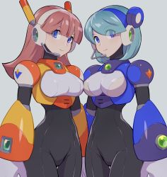 Rule 34 | 2girls, absurdres, android, arm cannon, armor, arms at sides, black bodysuit, blue eyes, blue hair, blunt bangs, bodysuit, breasts, closed mouth, commentary request, eyes visible through hair, framed breasts, gloves, grey background, headgear, headset, highres, hoshi mikan, large breasts, long hair, looking at viewer, mega man: maverick hunter x, mega man (series), mega man x (series), microphone, multiple girls, navigator (irregular hunter x), navigator (mega man), pink hair, robot ears, short hair, side-by-side, simple background, standing, weapon, white gloves