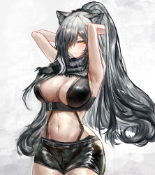 Rule 34 | 1girl, absurdres, arknights, armpits, arms up, bare shoulders, black shorts, blush, breasts, cleavage, commentary request, cowboy shot, crop top, grey hair, grey scarf, highres, large breasts, long hair, looking at viewer, midriff, moyudai, navel, partial commentary, ponytail, scarf, schwarz (arknights), short shorts, shorts, solo, standing, stomach, very long hair, yellow eyes