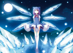 Rule 34 | 1girl, arms behind back, barefoot, blue dress, blue eyes, blue hair, blue skirt, bow, cirno, clothes lift, dinyc, dress, feet, full moon, gradient hair, hair bow, ice, ice wings, icicle, lake, large wings, legs, matching hair/eyes, moon, mountain, multicolored hair, nature, neck ribbon, night, night sky, no shoes, outdoors, purple hair, reflection, ribbon, short hair, skirt, skirt lift, sky, smile, solo, star (sky), star (symbol), staring, starry sky, touhou, water, wings