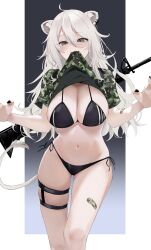 Rule 34 | 1girl, ahoge, animal ears, assault rifle, aya02ka, bandaid, bandaid on leg, bikini, black bikini, black nails, breasts, camouflage, camouflage shirt, cleavage, clothes in mouth, fang, grey eyes, gun, gun on back, hands up, highres, hololive, large breasts, lion ears, lion girl, lion tail, long hair, looking at viewer, mouth hold, navel, rifle, shirt, shirt in mouth, shishiro botan, solo, stomach, swimsuit, tail, thigh strap, thighs, virtual youtuber, wavy hair, weapon, weapon on back, white hair