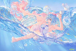 Rule 34 | 1girl, :d, arm up, armpits, artist name, atdan, bare arms, bare shoulders, barefoot, blue eyes, blue hair, blue sky, breasts, commentary, cup, dress, fantasy, glass, haiyi, hand up, hat, holding, holding cup, jellyfish, leg up, looking at viewer, medium breasts, ocean, open mouth, outdoors, partially submerged, partially underwater shot, pouring, short hair, sidelocks, sky, smile, solo, strapless, strapless dress, synthesizer v, teacup, teapot, thighs, underwater, water, waves, white dress