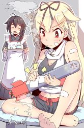 Rule 34 | 2girls, :d, ^^^, ^ ^, adapted costume, ahoge, apron, bandages, barefoot, black hair, blonde hair, bow, braid, breasts, cigarette, cleavage, closed eyes, cup, feet, hair bow, hair flaps, hair ornament, hair ribbon, hairclip, japanese clothes, jewelry, kantai collection, kuso miso technique, long hair, medium breasts, midriff, multiple girls, mushiboy, navel, open mouth, parody, personification, red eyes, ribbon, ring, scarf, shigure (kancolle), shorts, single braid, smile, smoking, teacup, teapot, toes, torpedo, tray, wedding band, yaranaika, yuudachi (kancolle)