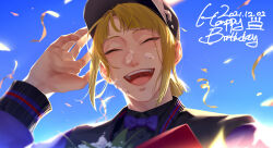 Rule 34 | 13 (bbr584607091), 1boy, baseball cap, blonde hair, blue sky, bouquet, bow, bowtie, closed eyes, commentary, confetti, dated, flower, food, food on face, happy birthday, hat, highres, holding, holding bouquet, jacket, male focus, official alternate costume, portrait, purple bow, purple bowtie, purple jacket, rook hunt, short hair, short ponytail, sidelocks, sky, solo, symbol-only commentary, twisted wonderland, upper body