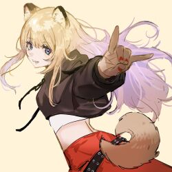 Rule 34 | 1girl, animal ears, belt, black belt, black hoodie, blonde hair, blue eyes, cowboy shot, cropped hoodie, dog ears, dog tail, floating hair, fox shadow puppet, highres, hood, hoodie, kmnz, long hair, long sleeves, looking at viewer, mc lita, nail polish, outstretched arm, pants, red nails, red pants, seimannu, smile, solo, tail, tongue, tongue out, virtual youtuber, yellow background