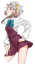 Rule 34 | 1girl, absurdres, akishimo (kancolle), asymmetrical bangs, asymmetrical hair, bad id, bad pixiv id, bow, bowtie, brown hair, commentary request, contrapposto, cowboy shot, cropped legs, dress, gradient hair, grey eyes, hair ornament, hand on own hip, highres, kantai collection, long sleeves, multicolored hair, profile, purple dress, school uniform, shirt, silver hair, simple background, sleeveless, sleeveless dress, solo, standing, white background, white shirt, yunoji yusuke