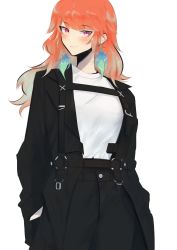 Rule 34 | 1girl, absurdres, black jacket, breast strap, daiishori, earrings, feather earrings, feathers, gradient hair, green hair, hair behind ear, hands in pockets, highres, hololive, hololive english, jacket, jewelry, looking at viewer, multicolored hair, orange hair, purple eyes, shirt, shirt tucked in, smile, solo, takanashi kiara, virtual youtuber, white background, white shirt