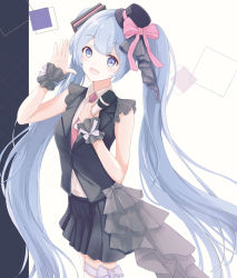 Rule 34 | 1girl, :d, absurdres, black hat, black jacket, black skirt, blue eyes, blue hair, bow, collared shirt, cowboy shot, floating hair, hat, hat bow, hatsune miku, highres, holding, holding microphone, jacket, long hair, looking at viewer, microphone, mini hat, miniskirt, necktie, open mouth, pink bow, pleated skirt, red necktie, see-through, shirt, skirt, sleeveless, sleeveless shirt, smile, solo, standing, thigh strap, twintails, very long hair, vocaloid, white shirt, wing collar, wrist cuffs, yuzuaji