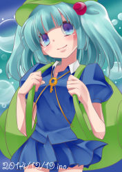 Rule 34 | 1girl, absurdres, artist name, backpack, bad id, bad pixiv id, bag, blue eyes, blue hair, blush, bubble, dated, dress, hair bobbles, hair ornament, hat, highres, ino., kawashiro nitori, key, looking at viewer, matching hair/eyes, puffy short sleeves, puffy sleeves, ribbon, shirt, short hair, short sleeves, short twintails, skirt, skirt set, solo, suzu keika, touhou, twintails, two side up