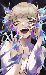 Rule 34 | 1girl, absurdres, blonde hair, blunt bangs, boku no hero academia, breasts, double bun, fangs, fengling (furin-jp), hair bun, hands up, highres, looking at viewer, messy hair, nude, paint, slit pupils, small breasts, solo, toga himiko, tongue, tongue out, upper body, yellow eyes, yellow nails