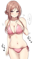 Rule 34 | 1girl, absurdres, bikini, blush, breasts, brown hair, cleavage, collarbone, commentary request, gakuen idolmaster, highres, himesaki rinami, idolmaster, large breasts, looking at viewer, murabito c, navel, pink bikini, side-tie bikini bottom, simple background, skindentation, smile, solo, speech bubble, stomach, swimsuit, thigh gap, translation request, white background