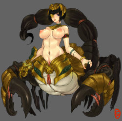 Rule 34 | 1girl, armlet, armor, arthropod girl, bangle, black hair, blunt bangs, bob cut, bracelet, breasts, egyptian, eyepatch, gauntlets, gloves, grey background, headpiece, jewelry, large breasts, looking at viewer, monster, monster girl, nipples, original, pincers, purple eyes, pussy, ring, scorpion, scorpion girl, scorpion tail, short hair, simple background, single glove, solo, tail