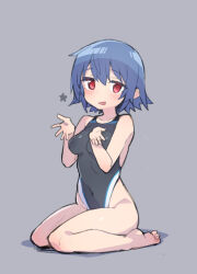 Rule 34 | 1girl, :d, bare arms, bare legs, bare shoulders, barefoot, blue hair, breasts, covered navel, dot nose, from side, grey background, highleg, highleg swimsuit, hoshino ushio, jitome, looking at viewer, medium breasts, medium hair, navel, one-piece swimsuit, open mouth, red eyes, short hair, simple background, sitting, smile, solo, star (symbol), starmine (manga), stroma, swimsuit