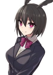 Rule 34 | 1girl, black hair, black jacket, blush, bow, bowtie, breasts, collared shirt, dress shirt, elfenlied22, fate/grand order, fate (series), head wings, highres, jacket, large breasts, long sleeves, looking at viewer, ortlinde (fate), red eyes, shirt, short hair, smile, valkyrie (fate), white shirt, wings