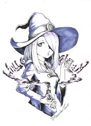 Rule 34 | 1girl, 2018, absurdres, breasts, commentary, cropped torso, dress, english commentary, eyeshadow, flask, hair over one eye, hat, highres, holding, holding flask, hooded dress, ink (medium), little witch academia, luna nova school uniform, makeup, marker (medium), medium breasts, purple dress, purple eyeshadow, purple hair, ravenhart, school uniform, signature, solo, sucy manbavaran, traditional media, upper body, witch hat