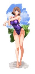 Rule 34 | 1girl, absurdres, barefoot, blue eyes, blue sky, blue one-piece swimsuit, brown eyes, cloud, commentary request, competition swimsuit, full body, highleg, highleg swimsuit, highres, legs, looking at viewer, love live!, love live! sunshine!!, one-piece swimsuit, short hair, simple background, sky, solo, standing, stretching, swimsuit, tile floor, tiles, volyz, watanabe you, white background