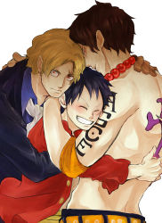 Rule 34 | 3boys, absurdres, ascot, black hair, blonde hair, brothers, closed eyes, family, freckles, glaring, highres, jolly roger, male focus, monkey d. luffy, multiple boys, one piece, open clothes, open shirt, pirate, portgas d. ace, red shirt, sabo (one piece), scar, shirt, siblings, simple background, smile, tattoo, topless male, white background