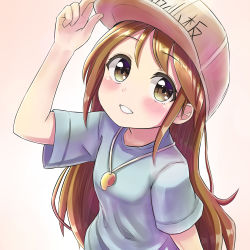 Rule 34 | 10s, 1girl, :d, arm up, blue shirt, blush, breasts, brown background, brown eyes, brown hair, character name, clothes writing, fingernails, flat cap, gradient background, grey hat, hair between eyes, hand on headwear, hat, hataraku saibou, highres, jd (bibirijd), long hair, looking at viewer, open mouth, platelet (hataraku saibou), shirt, short sleeves, small breasts, smile, solo, very long hair, whistle