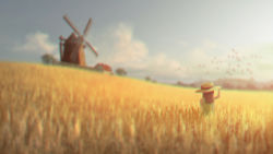 Rule 34 | 1girl, absurdres, chromatic aberration, cloud, day, field, hat, highres, long hair, md5 mismatch, natsu (hottopeppa3390), original, resolution mismatch, scenery, solo, source smaller, straw hat, wheat field, windmill