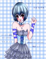 Rule 34 | 1girl, :d, ayanami rei, bandaged arm, bandages, bare shoulders, black dress, blue background, blue hair, blush, breasts, collarbone, corset, cowboy shot, cross, cross necklace, dress, fashion, frilled dress, frills, hair between eyes, jewelry, looking at viewer, neck garter, necklace, neon genesis evangelion, open mouth, pendant, plaid, plaid background, red eyes, short hair, simple background, small breasts, smile, solo, strapless, strapless dress