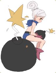 Rule 34 | 1girl, ankle boots, belt, blush, bomb, boots, brown eyes, explosive, fire, gloves, grey hair, holding, holding bomb, looking at viewer, mota, oekaki, original, ponytail, short hair, short shorts, shorts, simple background, solo, white background, white hair