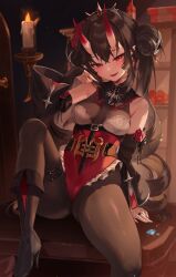 Rule 34 | 1girl, black footwear, boots, breasts, brown hair, brown pantyhose, candle, earrings, fang, highres, horns, indoors, jewelry, long hair, looking at viewer, medium breasts, oni, oni horns, open mouth, original, pantyhose, red eyes, red horns, sitting, smile, solo, thigh strap, twintails, zerocat