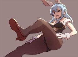 Rule 34 | &gt;:d, 10s, 1girl, :d, animal ears, bad id, bad pixiv id, bare shoulders, black pantyhose, blue hair, blush, braid, breasts, cleavage, dakunesu, fake animal ears, french braid, gloves, granblue fantasy, high heels, leotard, long hair, looking at viewer, open mouth, pantyhose, playboy bunny, purple eyes, rabbit ears, simple background, smile, solo, therese (granblue fantasy), v-shaped eyebrows