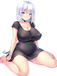 Rule 34 | 1girl, barefoot, blue eyes, blush, breasts, chain, cleavage, collar, curvy, dress, covered erect nipples, highres, huge breasts, looking at viewer, original, short dress, short hair, silver hair, simple background, sitting, solo, thick thighs, tsukumiya amane, wariza, white background