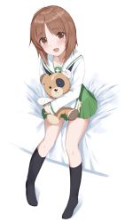 Rule 34 | 1girl, absurdres, bandages, bandaid, bed, black neckerchief, black socks, blouse, boko (girls und panzer), brown eyes, brown hair, commentary, girls und panzer, green skirt, highres, holding, holding stuffed toy, long sleeves, looking at viewer, miniskirt, neckerchief, nishizumi miho, no shoes, on bed, ooarai school uniform, open mouth, pleated skirt, sailor collar, school uniform, serafuku, shirt, short hair, sitting, skirt, smile, socks, solo, stuffed animal, stuffed toy, teddy bear, white background, white sailor collar, white shirt, yanagi marie