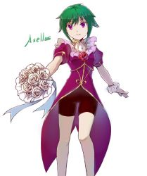 Rule 34 | 1girl, asellus (saga frontier), breasts, closed mouth, dress, flower, green hair, looking at viewer, red flower, red rose, rose, saga, saga frontier, short hair, simple background, smile, solo, surume (surume 8738), white background, white flower