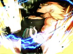 Rule 34 | 1boy, aura, blonde hair, blurry, blurry foreground, clenched hands, commentary request, depth of field, dragon ball, dragonball z, electricity, frown, gloves, green eyes, leaning, leaning back, majin vegeta, male focus, morinokinoko db, muscular, open mouth, shaded face, spiked hair, super saiyan, super saiyan 2, sweat, teeth, twitter username, upper body, vegeta, veins, white gloves