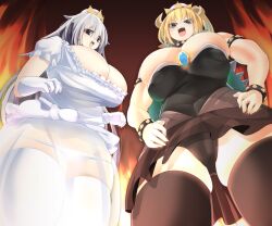 Rule 34 | 2girls, armlet, bad anatomy, bad perspective, black collar, black dress, black panties, black thighhighs, blonde hair, blue eyes, blush, bowsette, bracelet, breasts, bursting breasts, chest jewel, cleavage, collar, commentary request, covered erect nipples, covered navel, cowboy shot, crown, dress, earrings, fiery background, fire, frilled shirt, frills, from below, gloves, grey background, grey hair, highres, horns, huge breasts, jewelry, lets0020, long hair, looking at viewer, looking down, luigi&#039;s mansion, mario (series), medium bangs, multiple girls, new super mario bros. u deluxe, nintendo, open mouth, panties, pointy ears, princess king boo, puffy short sleeves, puffy sleeves, red eyes, see-through, see-through skirt, sharp teeth, shirt, short sleeves, skirt, sphere earrings, spiked armlet, spiked bracelet, spiked collar, spiked shell, spikes, strapless, strapless dress, super crown, teeth, thighhighs, tongue, turtle shell, underwear, upper teeth only, upskirt, v-shaped eyebrows, white gloves, white panties, white shirt, white thighhighs, yellow horns