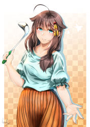 Rule 34 | 1girl, absurdres, ahoge, alternate costume, aqua shirt, blue eyes, braid, brown hair, brown skirt, casual, checkered background, gradient background, hair flaps, hair ornament, hair over shoulder, highres, jewelry, kantai collection, long hair, long skirt, looking at viewer, pleated skirt, puffy sleeves, ring, shigure (kancolle), shigure kai ni (kancolle), shirt, signature, single braid, skirt, smile, solo, tsui (kojiya), wedding band