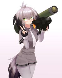 Rule 34 | 1girl, absurdres, belt, black gloves, blush, breast pocket, closed mouth, cowboy shot, fgm-148 javelin, fingerless gloves, gloves, green eyes, grey hair, grey pantyhose, grey shirt, grey shorts, highres, kemono friends, looking at viewer, man-portable anti-tank systems, missile launcher, multicolored hair, necktie, pantyhose, pocket, rocket launcher, shirt, shoebill (kemono friends), short sleeves, shorts, simple background, solo, tail, v, weapon, white background, white necktie, yoako