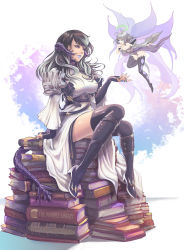 Rule 34 | 1girl, absurdres, au ra, warrior of light (ff14), bare shoulders, black hair, blue eyes, book, book stack, boots, breasts, cleavage, commission, dragon horns, dragon tail, fairy, fairy wings, final fantasy, final fantasy xiv, fingerless gloves, gloves, grey hair, high heel boots, high heels, highres, horns, jewelry, long hair, medium breasts, multicolored hair, purple eyes, purple lips, ring, scholar (final fantasy), short hair, sitting, tail, thigh boots, thighhighs, two-tone hair, vvernacatola, white hair, wings