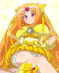 Rule 34 | 10s, 1girl, boots, bow, brooch, bubble skirt, choker, circlet, cure muse, cure muse (yellow), dress, frills, hair ribbon, heart, highres, jewelry, knee boots, long hair, magical girl, maokyu, orange hair, precure, ribbon, shirabe ako, sitting, skirt, smile, solo, suite precure, yellow bow, yellow dress, yellow skirt