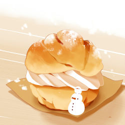 Rule 34 | animal, animal on head, bird, bread, carrot, chai (drawingchisanne), commentary, cream, cream puff, food, food focus, no humans, on head, original, parchment, pastry, powdered sugar, signature, snowman, table