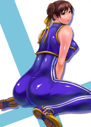 Rule 34 | 1990s (style), 1girl, :d, ass, bare shoulders, between legs, blush, bodysuit, breasts, brown eyes, brown hair, cameltoe, capcom, chun-li, crop top, double bun, double vertical stripe, hair bun, hair ribbon, hand between legs, kokuriu, large breasts, leaning forward, looking at viewer, looking back, open mouth, parted bangs, profile, retro artstyle, ribbon, shadow, shiny clothes, shiny skin, shoes, short hair, simple background, sitting, skin tight, sleeveless, smile, sneakers, solo, street fighter, street fighter zero (series), unitard, wariza, white background, wide hips