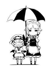 Rule 34 | 2girls, :d, ^ ^, apron, arms behind back, bat wings, bored, bow, closed eyes, dress, closed eyes, fangs, female focus, greyscale, grin, hat, hat bow, height difference, high contrast, holding, holding umbrella, hounori, izayoi sakuya, looking at viewer, lowres, maid, maid apron, maid headdress, monochrome, multiple girls, open mouth, puffy sleeves, remilia scarlet, sharp teeth, short sleeves, side-by-side, smile, standing, teeth, touhou, umbrella, wings