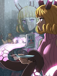 Rule 34 | 1boy, 1girl, armor, blonde hair, blunt bangs, closed mouth, cup, english text, glowing horns, gun, helmet, holding, holding cup, horns, indoors, light smile, looking at another, medium hair, monster girl, mug, personification, purple eyes, quake, rain, ranger (quake), reflection, ribbed sweater, shub-niggurath (quake), sleeveless, sleeveless turtleneck, substance20, sweater, tentacles, turtleneck, turtleneck sweater, upper body, weapon
