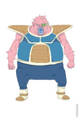 Rule 34 | 1boy, armor, arms at sides, black eyes, boots, clenched hand, colored skin, dodoria, dragon ball, dragonball z, drooling, full body, knee boots, legs apart, looking at viewer, male focus, no humans, open mouth, pink skin, saliva, scouter, shoulder pads, simple background, solo, spikes, standing, veins, white background, white footwear, yupii
