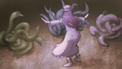 Rule 34 | 1girl, dress, enbanzyou, frilled dress, frills, from behind, full body, hangetsuban sonshou, hat, imminent rape, jurassic park, jurassic world, long hair, long sleeves, meme, mob cap, outstretched arms, parody, patchouli knowledge, prattkeeping (meme), purple dress, purple footwear, purple hair, shoes, solo, spread arms, tentacles, touhou