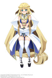 Rule 34 | 1girl, absurdly long hair, arksign, blonde hair, blue eyes, blush, breasts, bridal gauntlets, cleavage, full body, highres, kimura shigetaka, knees together feet apart, long hair, low-tied long hair, medium breasts, obi, official art, own hands together, platform footwear, sash, shawl, simple background, solo, thighhighs, tiara, v arms, very long hair, wavy mouth, white thighhighs, yui (arksign)