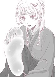 Rule 34 | 1girl, asikoma7777, barefoot, beads, chinese clothes, commentary request, eyelashes, feet, foot focus, foot up, foreshortening, freckles, greyscale, hair beads, hair ornament, hair over shoulder, hanfu, highres, kusuriya no hitorigoto, long hair, long sleeves, looking at viewer, maomao (kusuriya no hitorigoto), monochrome, open mouth, paid reward available, simple background, sitting, soles, solo, toes, twintails